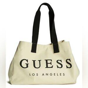 NEW GUESS Women's Canvas Of--White Large Tote Shopper Handbag Beach Travel